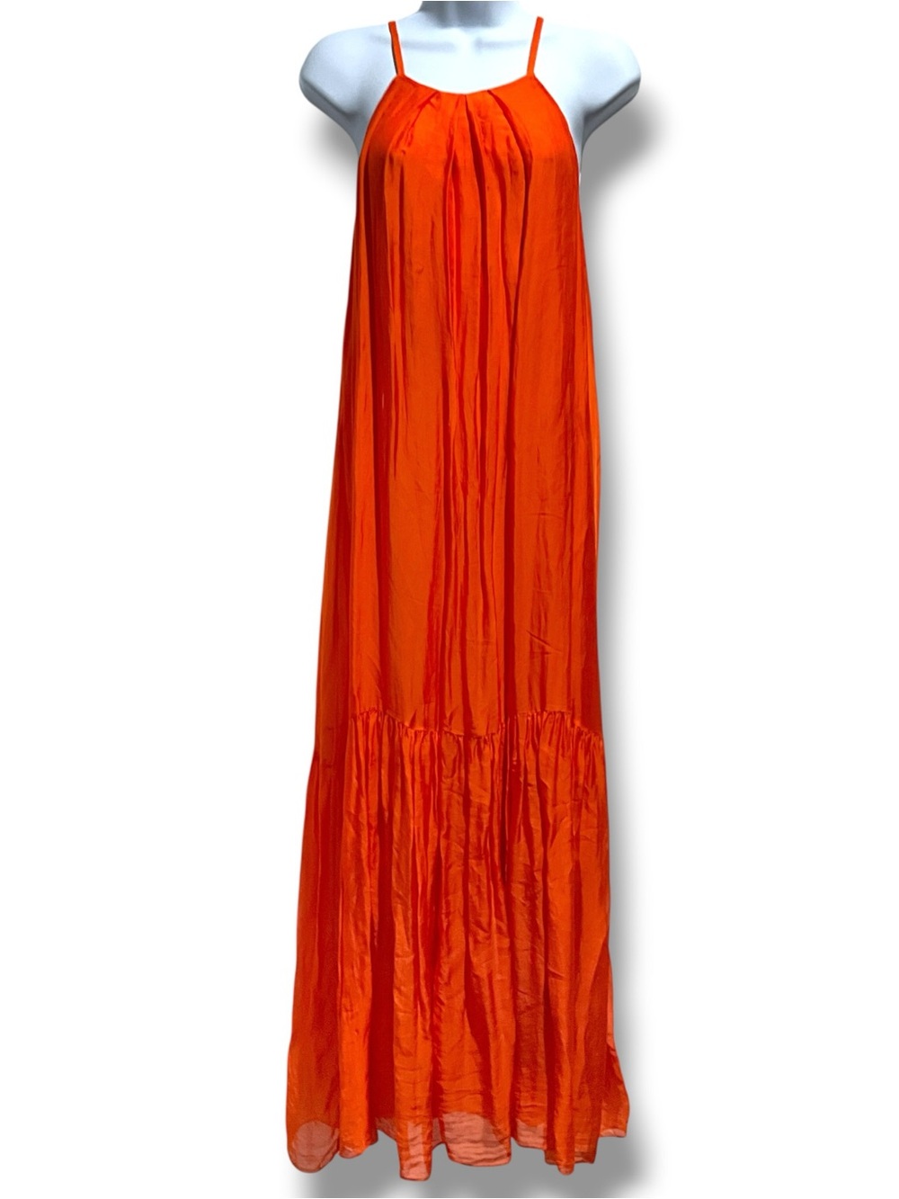 FRNCH Silk Blend Maxi Dress Halter Neckline Open Back Orange Women’s Size S